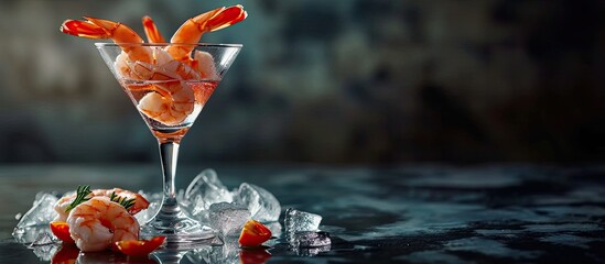 Fresh shrimp around martini glass with cocktail sauce. Copy space image. Place for adding text