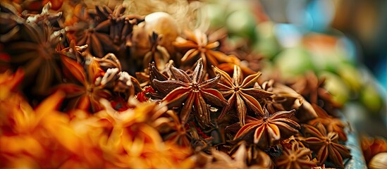 Staf anise for curry spices beautifully shot at the market. Copy space image. Place for adding text