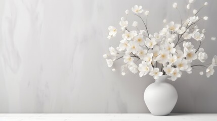 White gypsophila flowers in a vase on the table. Minimalistic interior. Empty background with copy space. Generative AI.
