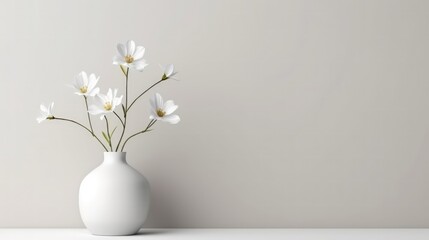 White vase with gypsophila flowers on a white shelf. Empty background with copy space. Generative AI. - obrazy, fototapety, plakaty