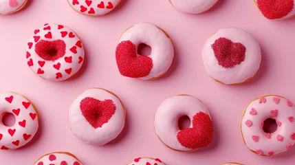 Fotobehang Donuts with red, pink hearts sprinkles on dusty rose pink background. Sugar, calories, homemade sweets concept. st. valentines concept © sderbane