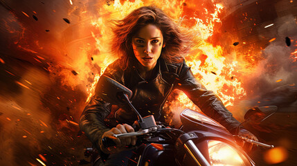 Action shot with black woman on the bike riding away from fire and explosion. Dynamic scene in action movie blockbuster style - obrazy, fototapety, plakaty
