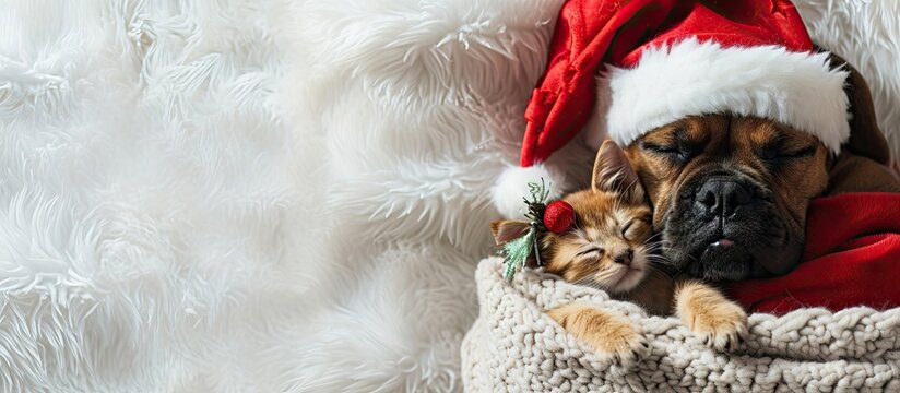 Happy mastiff puppy dressed like santa claus reindeer Rudolf hugs toy bear and sleeps with cozy kitten under white blanket at home Top down view Empty space for text. Copy space image