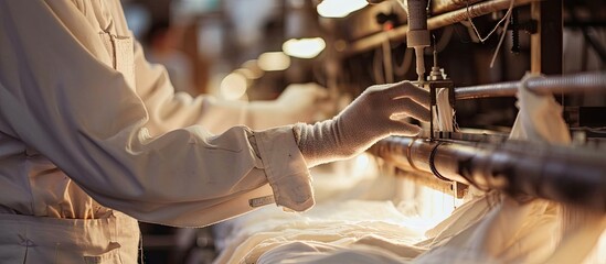 Textile industry Sewing production A worker in the garment industry. Copy space image. Place for...