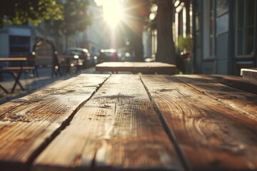 a wooden table is on a curb outside a cafe Generative AI