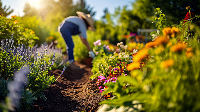 A graceful woman immersed in the vibrant colors of a garden, delicately picking flowers with a pure and tranquil smile - spring gardening - Generative AI