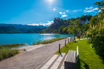 Beautiful lane on the shore of Bled lake, Slovenia.