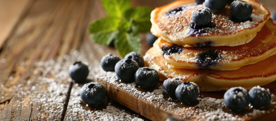 Homemade berry pancakes fresh summer dessert with blueberries on rustic wooden table close up selective focus. Copy space image. Place for adding text - Powered by Adobe