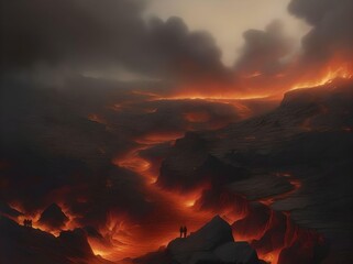 Eternal Inferno Hell Torment Concept with Blazing Fire Landscape with Thick Black Fogs Illustration
