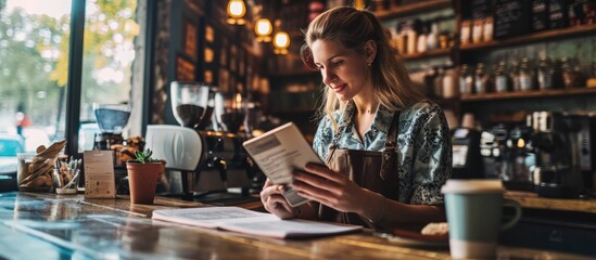 Business woman studying at a cafe. Copy space image. Place for adding text