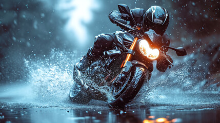 A motorcyclist on a racing motorcycle rides along the road in rainy weather