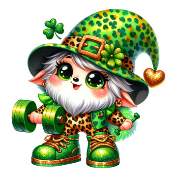 Captivating watercolor painting of an energetic kawaii gnome donned in a leopard-pattern St. Patrick's Day costume and hat, cheerfully lifting a dumbbell