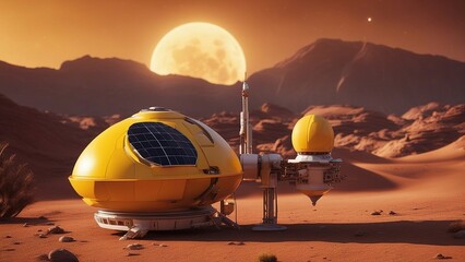 Fototapeta na wymiar ufo in the desert A bright yellow spaceship with a round shape and a solar panel. The spaceship is leaving a red planet