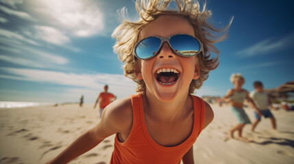 a little boy with sunglasses joyfully having a great time on a sunny beach during a warm day. toddler on the beach at summertime with copy space