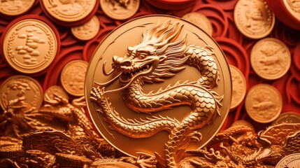 Large golden dragon made of golden coins bring prosperity for dragon year