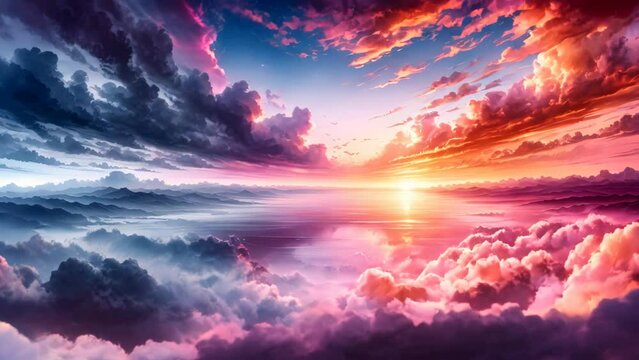 A background featuring abstract clouds in the sky with either a sun or sunset landscape, created using a watercolor technique to achieve a colorful background video
