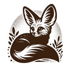 Cute fennec fox. Viktage outline illustration. Black engraving, logo, round emblem