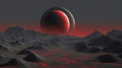 sunrise in the mountains  A dark gray moon with a rough surface and ridges. The moon is orbiting a red and black planet  