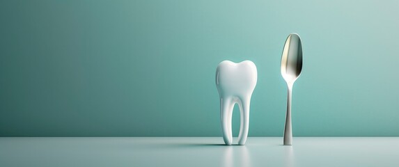 Model of tooth with fork in the isolated on pastel blue background - obrazy, fototapety, plakaty