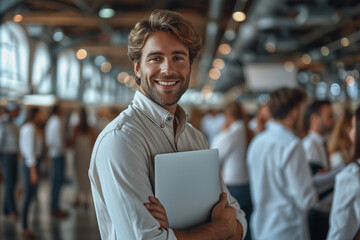 Portrait d'un jeune cadre souriant devant une foule de travailleurs et managers, tenant un ordinateur portable - obrazy, fototapety, plakaty