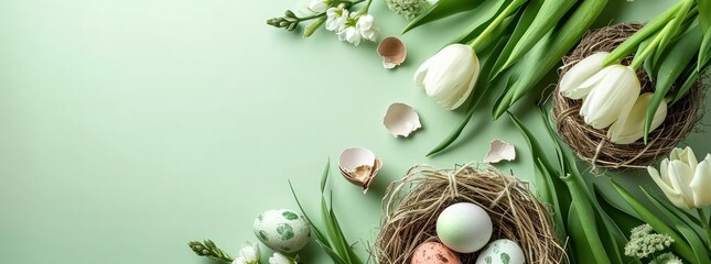 Spring Easter holiday cream color background with tulips, quail eggs and feathers in a nest - obrazy, fototapety, plakaty