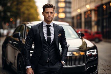 Sophisticated stylish man in a tailored suit, leaning confidently against a sleek luxury car, with an urban cityscape in the background, exuding elegance and success - obrazy, fototapety, plakaty