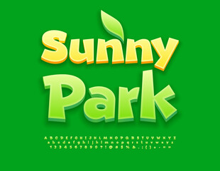 Naklejka premium Vector funny emblem Sunny Park with decorative Leaf. Green 3D Font. Cute Alphabet Letters, Numbers and Symbols set