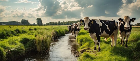 Black pied cows stand in a large meadow next to a ditch in a Dutch polder It is a cloudy day at the beginning of spring The cows have only been outside for a short time. Copy space image - obrazy, fototapety, plakaty