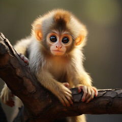 Cute small monkey sitting on branch, looking at camera 