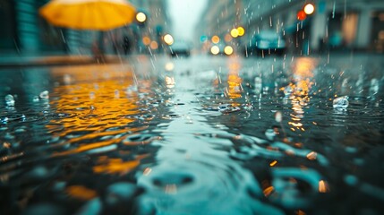 A rainy day in the city in summer. The texture of powerful drops and splashes of water. A puddle with ripples on the road     
