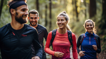 A group of friends with radiant smiles embarking on a trail run