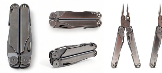 Modern steel multitool with many tools isolated on a white background. Set of different angles and...