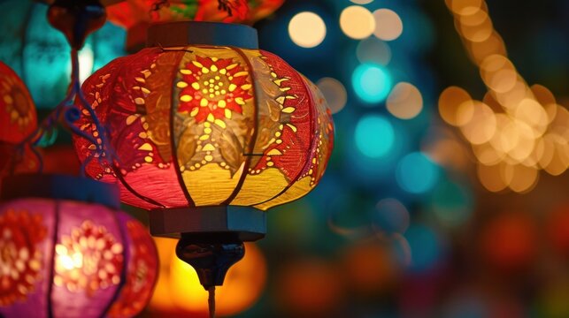 Close up of a colorful Diwali lantern   