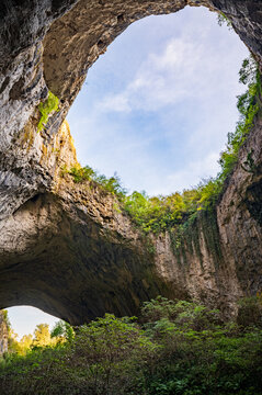 Giant cave with big holes in the sealing, all full of trees and water - Devetashka cave © VasilAndreev Photo