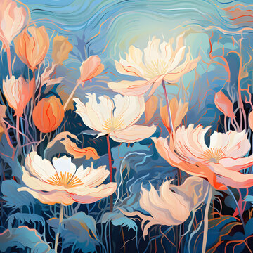 Floral illustration of nature with abstract backgrounds,,
this artwork depicts a colorful lotus flower in f Free Photo
