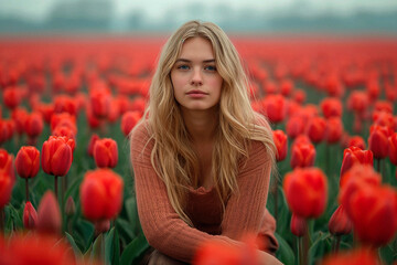 Young blonde woman looking at camera in a field of red tulips