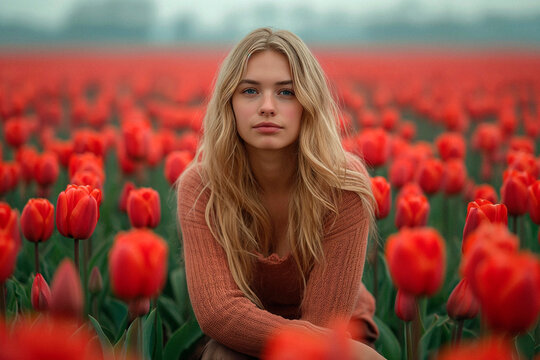 Young blonde woman looking at camera in a field of red tulips