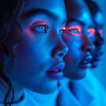 Close-up portrait of three African American 20 year old women engaging with artificial intelligence