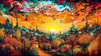 Obraz na płótnie Canvas City in Synesthesia: A Psychedelic Panorama