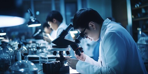 Chinese medical researchers are in the laboratory, intently observing cells under the microscope, macro photography - obrazy, fototapety, plakaty