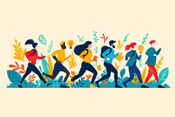 Ilustración estilo Flat Design de personas corriendo hacia una meta, representando la idea de logro y éxito

