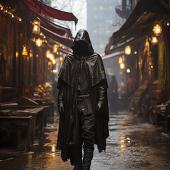 Silhouette of a man in a black robe in a dark alley on a rainy night. Dark character in an imaginary city.