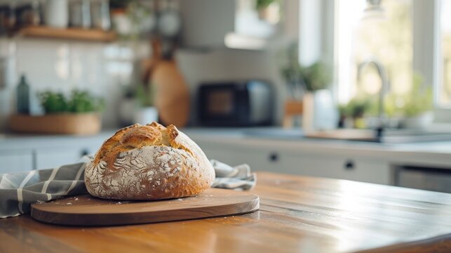 Freshly baked bread on modern kitchen table     