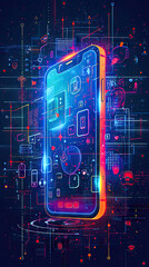 Ilustración de una pantalla de teléfono con iconos de aplicaciones, indicando desarrollo tecnológico  - obrazy, fototapety, plakaty