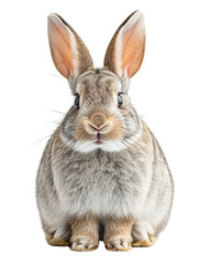 Gray rabbit sitting isolated on transparent or white background, front view
