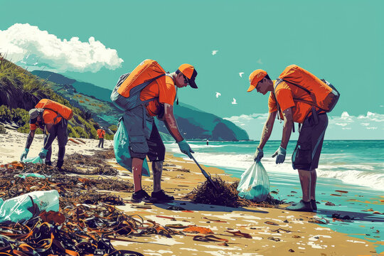 Ilustración de voluntarios recogiendo residuos plásticos en las playas, ecologisto, reciclaje, micro plásticos