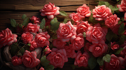 Radiant Rose Melody: Wooden Fusion, the radiance of a vibrant 3D rose composition, harmoniously merged with the warmth of a wooden background, Created using generative AI