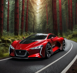 red futuristic racing car in forest