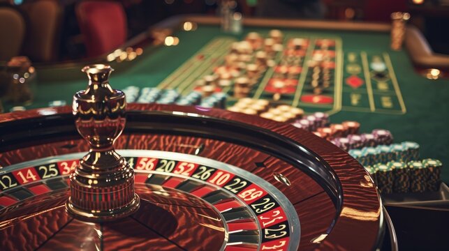 Old-fashioned gambling table with roulette in the middle. Rows of chips' piles are near the wheel.     