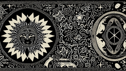 Black and white wallpaper with antique Aztec pattern with stars, sun and moon 4K - obrazy, fototapety, plakaty